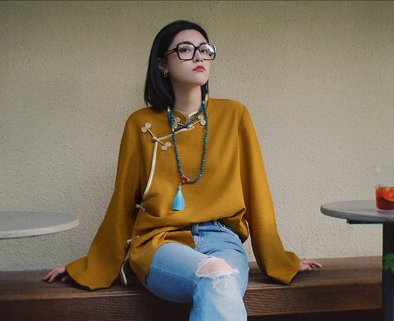 New Chinese retro Tibetan style buttoned stand collar shirt - Women's Tops - Cotton & Hemp Orange