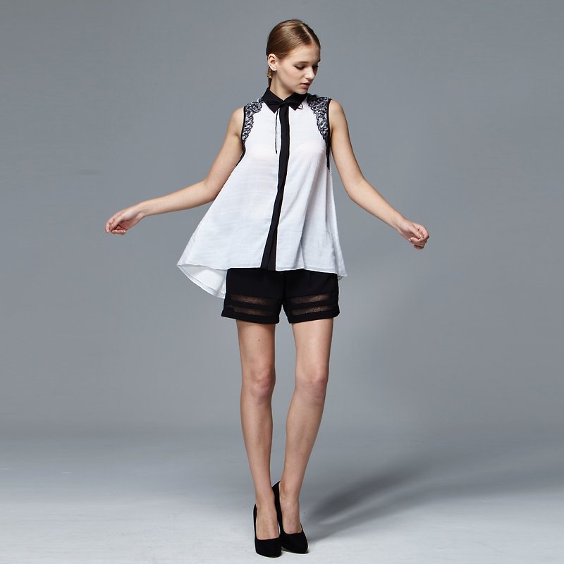 Ling line sleeveless blouse - เสื้อเชิ้ตผู้หญิง - ผ้าฝ้าย/ผ้าลินิน ขาว