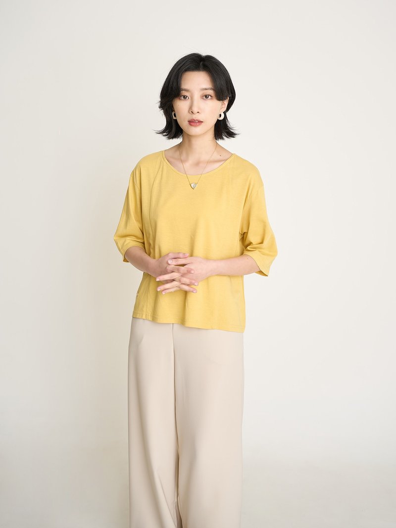 Time Seed Quarter Sleeve Top-Sour Lemon - เสื้อยืดผู้หญิง - ผ้าฝ้าย/ผ้าลินิน สีเหลือง