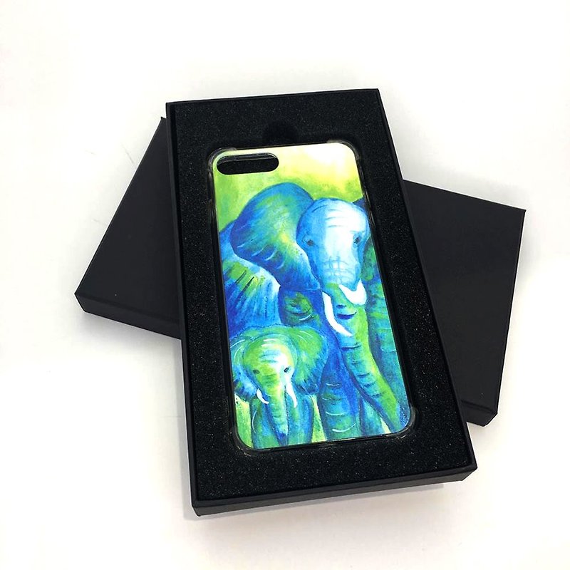 Elephant mother and child illustrator dual-proof mobile phone shell - Phone Cases - Plastic Blue