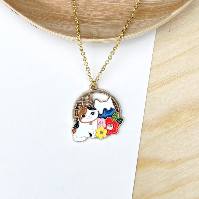 Meow Mountain Fuji and lucky cat necklace - Necklaces - Enamel Blue