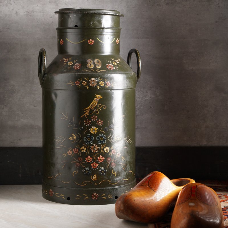 オランダのヒンデローペンスタイルの手描きのミルクバケツ/傘バケツ/花の入れ物/乾燥用の花のバケツ - 花瓶・植木鉢 - 金属 グリーン
