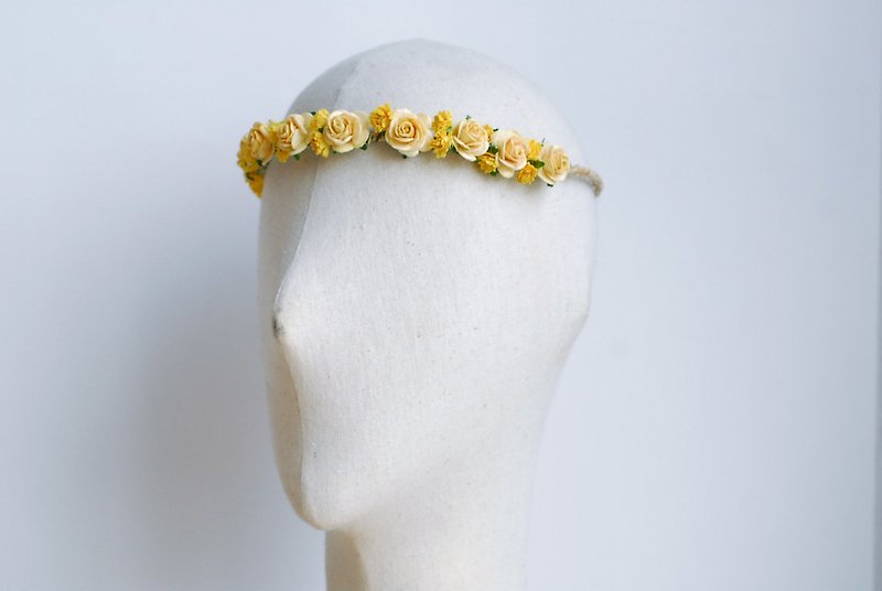 Paper Flower, Headband, medium rose mixed baby breath size. adult size , yellow Color. - 髮夾/髮飾 - 紙 黃色