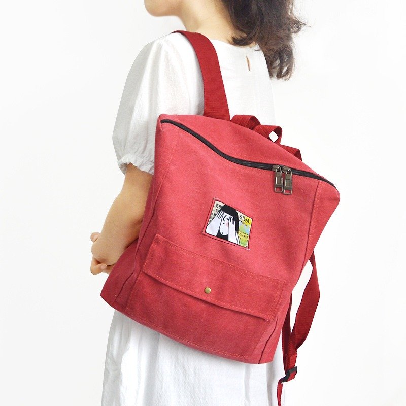 After washing mood diary rucksack shoulder bag casual and simple - กระเป๋าเป้สะพายหลัง - ผ้าฝ้าย/ผ้าลินิน สีแดง