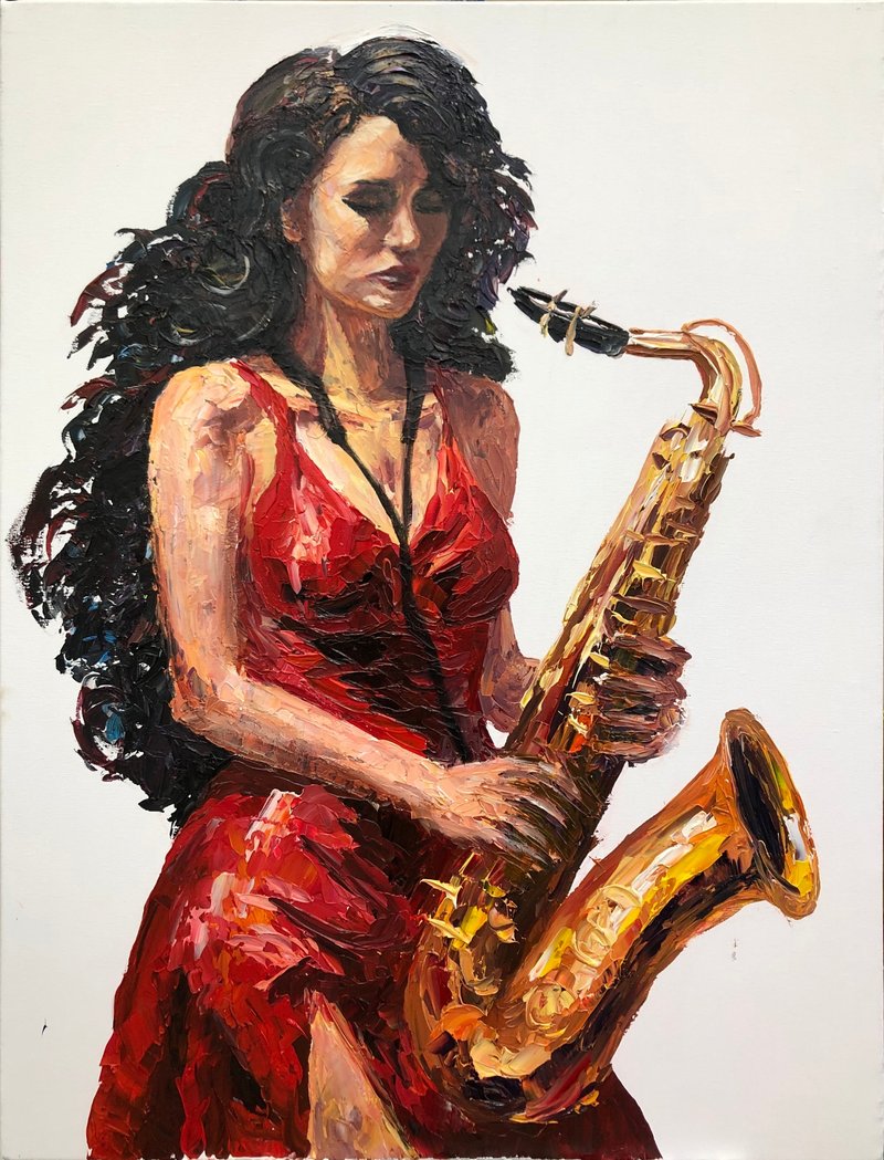 Women in Red Dress with Saxophone Abstract Painting In Impasto Style Art - 壁貼/牆壁裝飾 - 壓克力 紅色