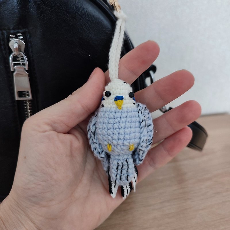 ลินิน อื่นๆ สีน้ำเงิน - Blue parakeet budgie handmade. Crochet amigurumi bird Animal Parrot. Keychain.
