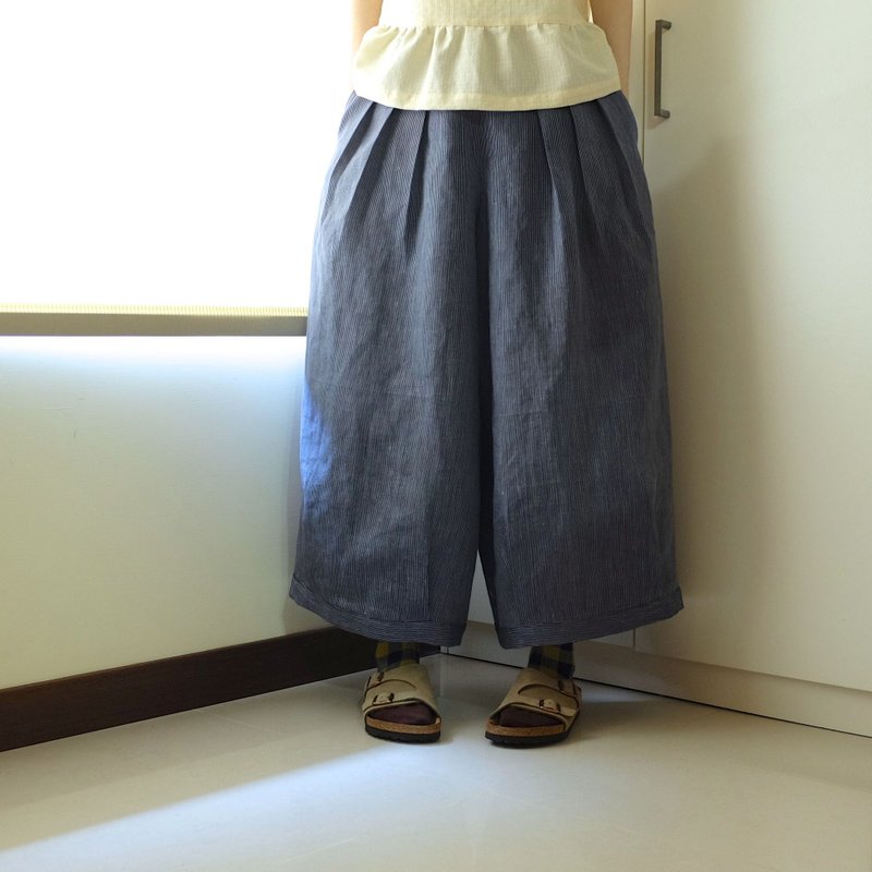 日常手作服  俏皮女孩深藍細條紋打褶寬褲  亞麻 - 女長褲 - 棉．麻 藍色