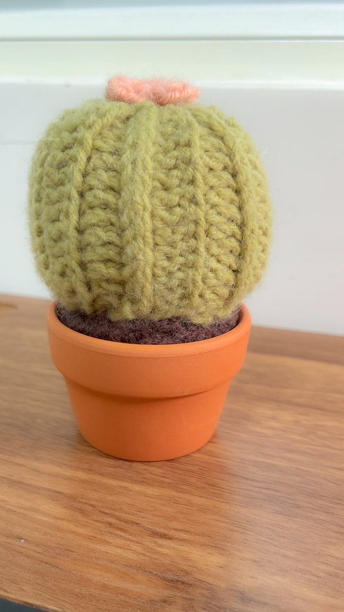 編み物　ハンドメイド　ニットサボテン 大きめ 花付き　緑　毛糸 水のいらない毛糸のサボテン🌵 - ☆*:.｡. にじのおと