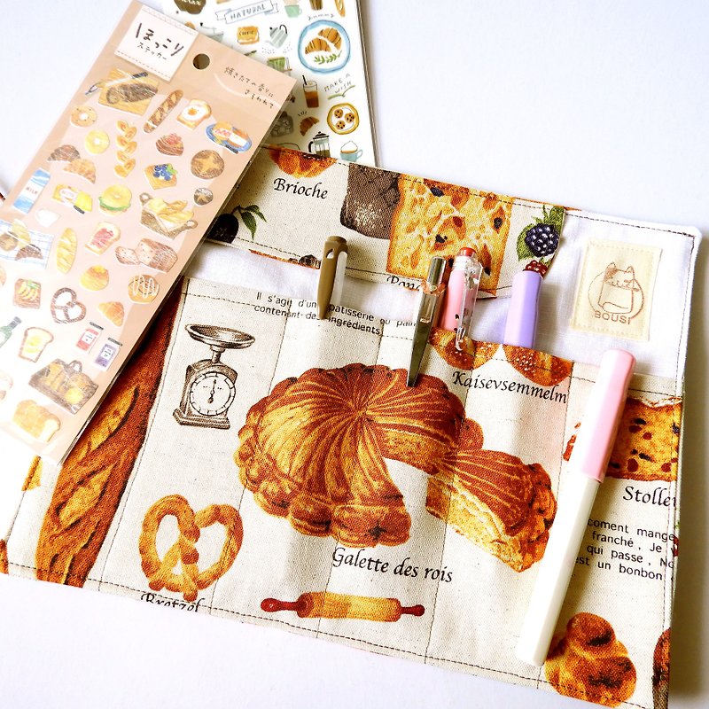 Fabric pen case roll, pen pouch slot, cloth pen roll, cute pen case-Bread print - กล่องดินสอ/ถุงดินสอ - ผ้าฝ้าย/ผ้าลินิน สีเหลือง