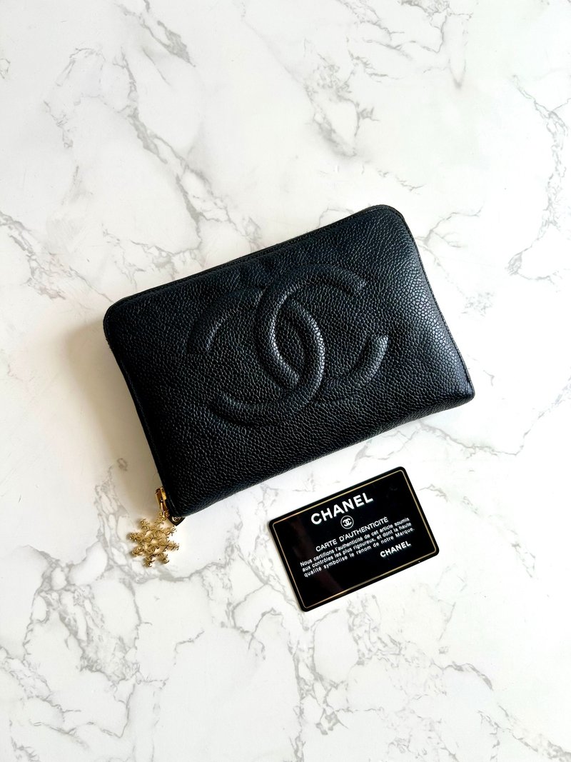 絕版中古包 Chanel 黑色魚子醬長夾 錢包 皮夾 手機包 二手古董包 - 錢包/皮夾/長短夾 - 真皮 黑色