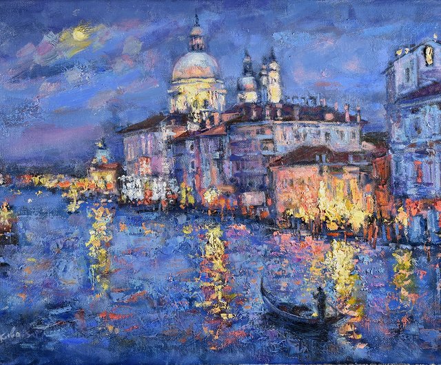 ヴェネツィア絵画イタリアオリジナルアートワーク夜の都市景観キャンバス印象派アート - ショップ ArtDivyaGallery ポスター・絵 -  Pinkoi