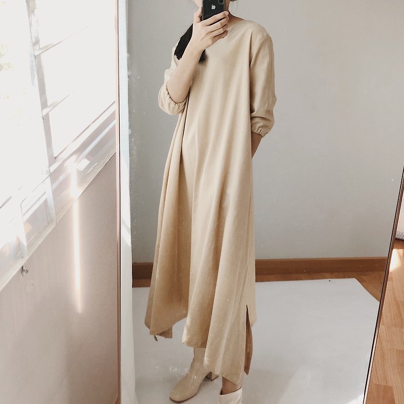 V-neck Midi dress Korean Japanese long dress - 洋裝/連身裙 - 棉．麻 