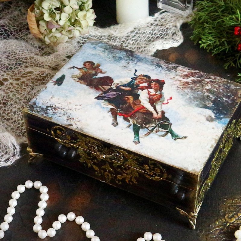 Gold jewelry box Storage wooden box Christmas unique gift ideas for women - กล่องเก็บของ - ไม้ สีดำ