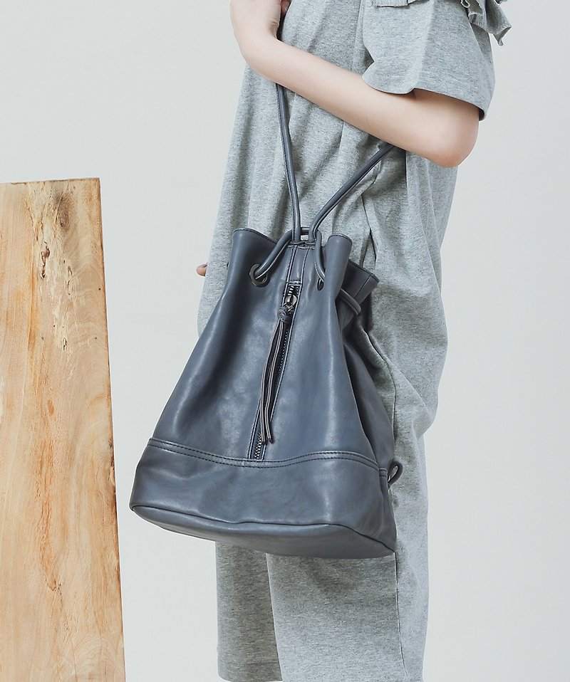 Cylinder light soft cowhide bucket back shoulder bag - blue gray - Messenger Bags & Sling Bags - Genuine Leather Blue