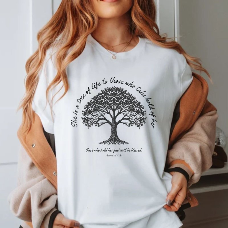 Tree of Knowledge Proverbs 3:18 Biblical Verses Unisex Cropped Tops - เสื้อยืดผู้หญิง - ผ้าฝ้าย/ผ้าลินิน สีเทา