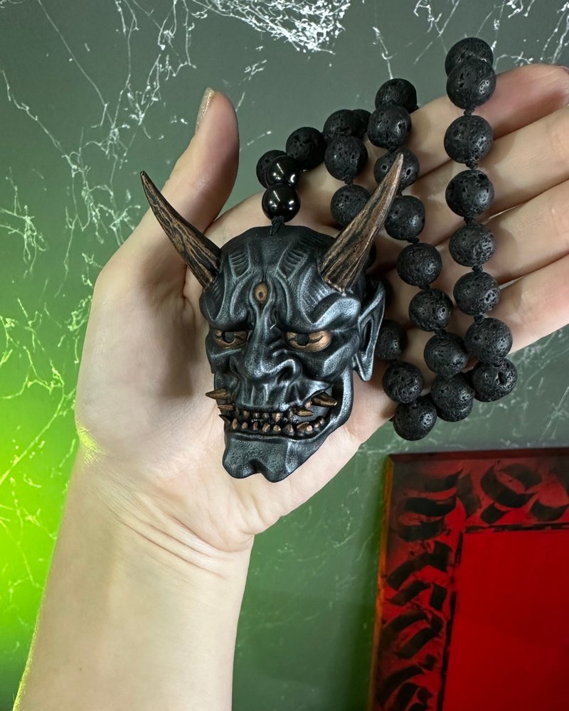 Black Oni mask Pendant Necklaces, Small Japanese Oni with beads - Necklaces - Resin Black