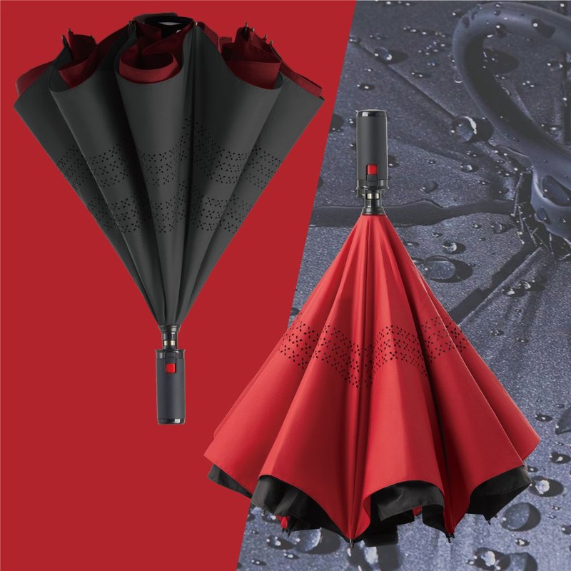 Beautiful and durable [reverse umbrella - red and black double set] quick folding umbrella, reverse water-gathering, wind-proof and splash-proof large umbrella surface - Umbrellas & Rain Gear - Waterproof Material Red