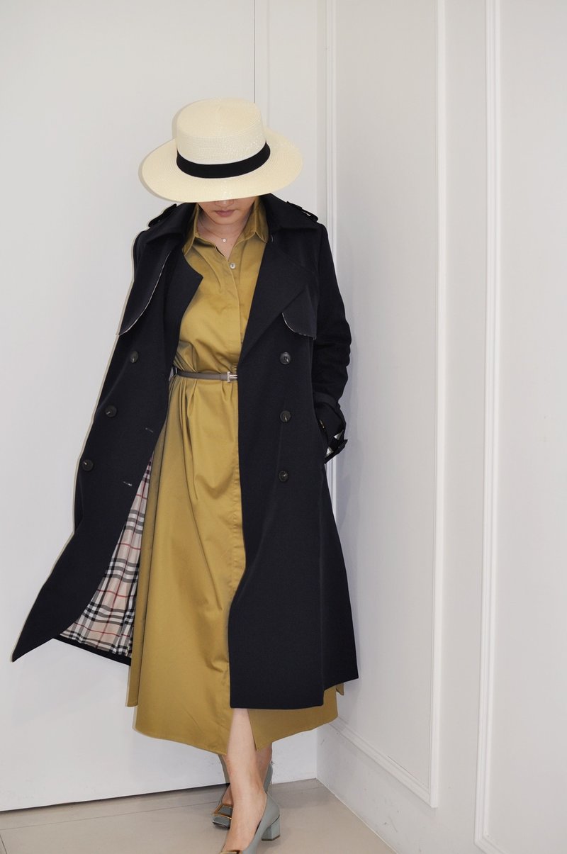 Flat 135 X 台灣設計師 秋裝英倫風格 靛藍風衣外套 搭配格紋內裡 - 女西裝外套 - 聚酯纖維 藍色