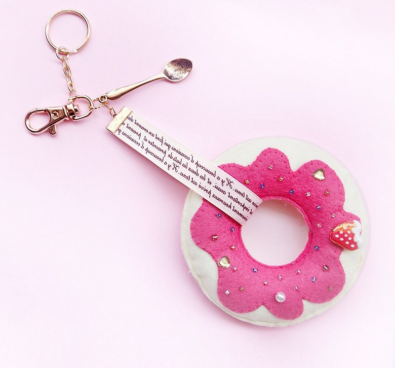 DOMOMO Yogurt Strawberry Donuts Donut Charm Keyring Tanabata Valentine's Day Gifts - Keychains - Polyester Pink
