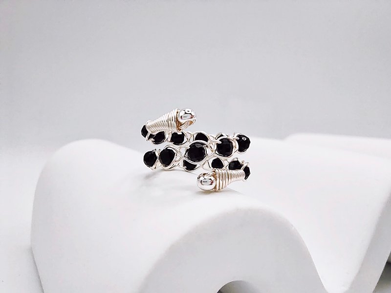 Braided | Black Spinel, Silver Color, Wire Braid, Adjustable ring - General Rings - Crystal Black