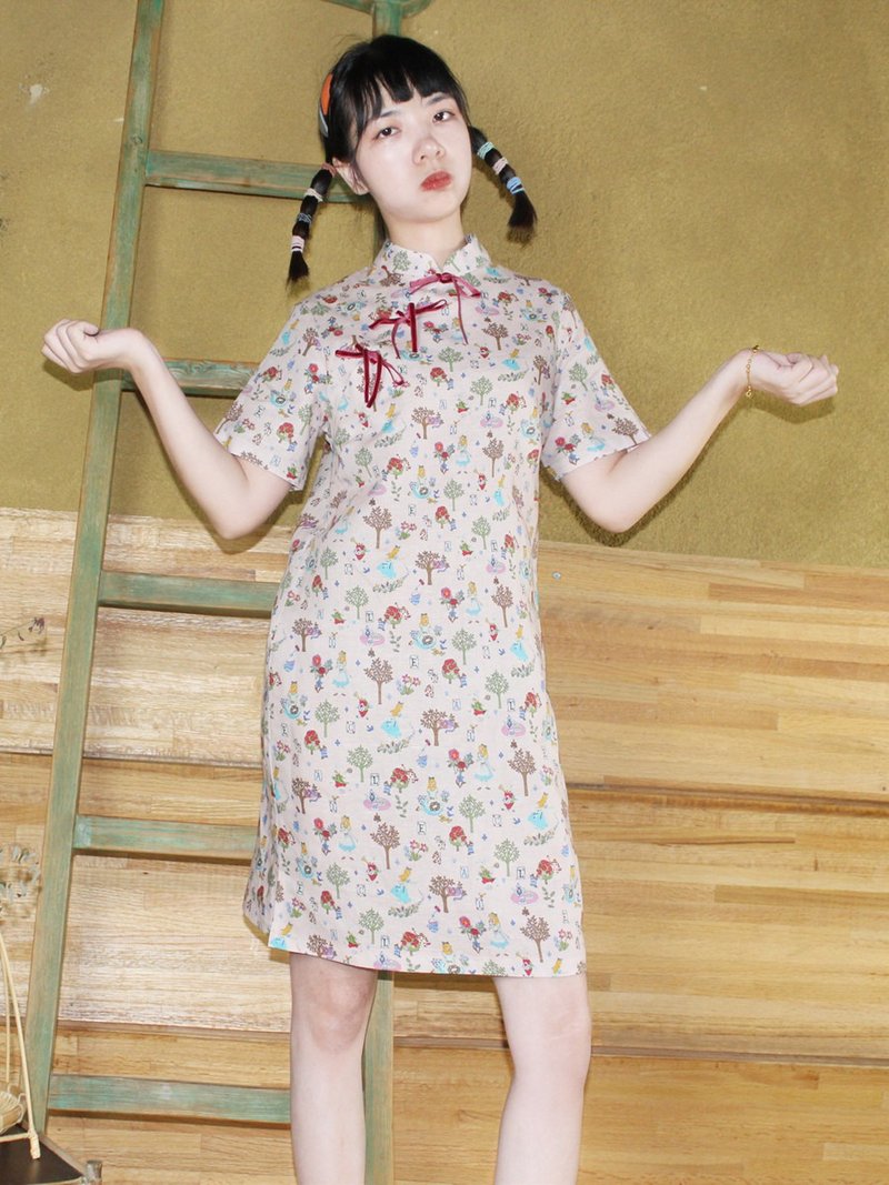 Pink cotton Linen loose childlike printing plate buttons cheongsam improved new Chinese Mid-Autumn Wind Dress Dress Spring Festival - กี่เพ้า - ผ้าฝ้าย/ผ้าลินิน สึชมพู