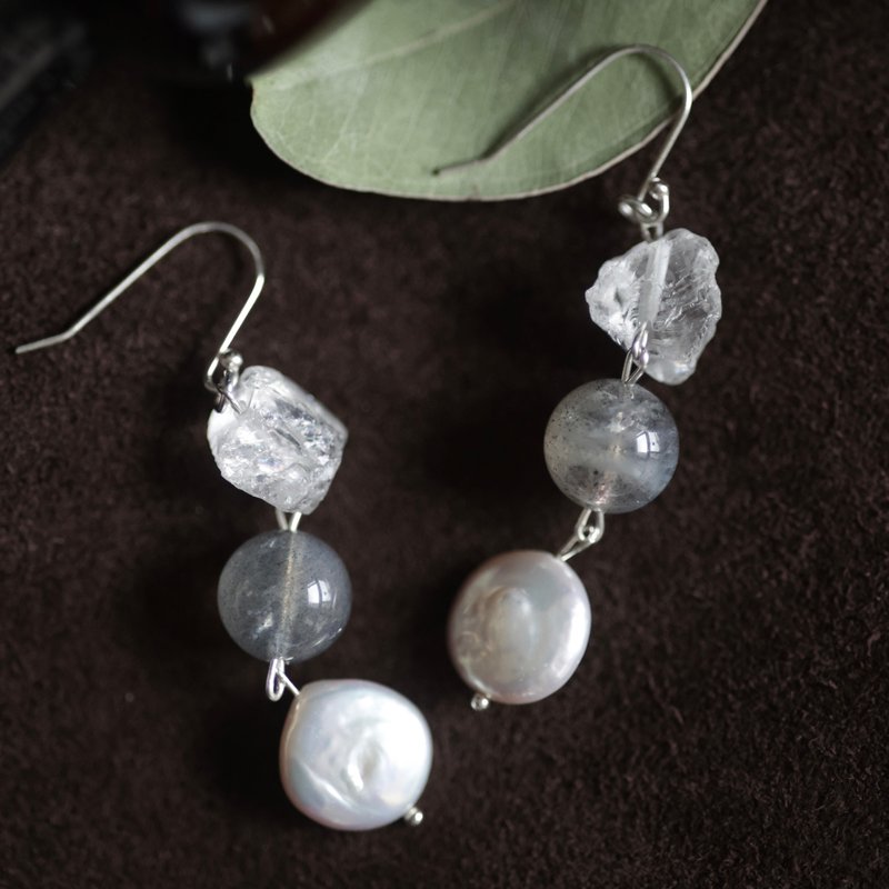 泊影不規則水晶純銀耳環　可改耳夾 - 耳環/耳夾/耳骨夾 - 半寶石 多色