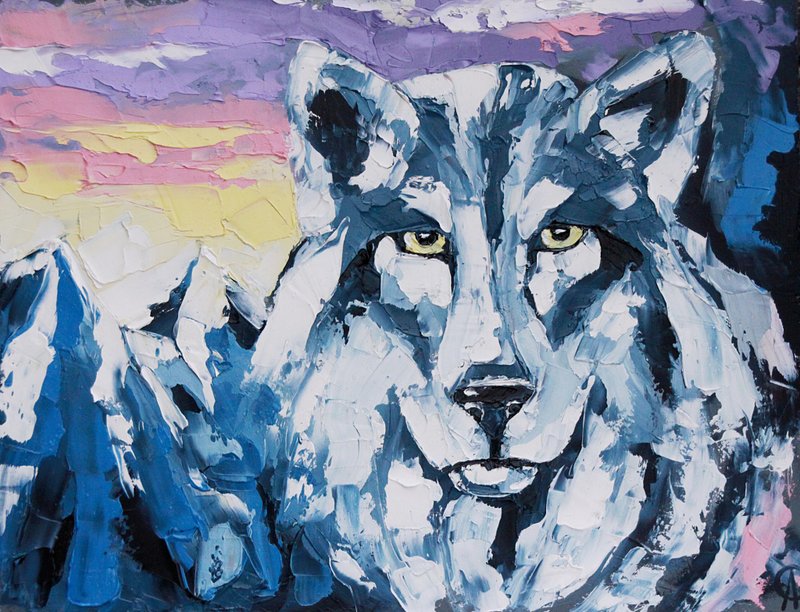 Wolf Painting Animal Original Art Impasto Artwork Palette Knife Art Oil Painting - โปสเตอร์ - วัสดุอื่นๆ สีน้ำเงิน