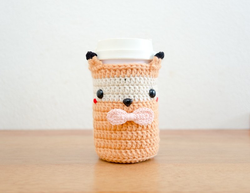 Crochet Cozy Cup - The Cute Fox / Coffee Sleeve, Starbuck. - 杯袋/飲料提袋 - 壓克力 橘色