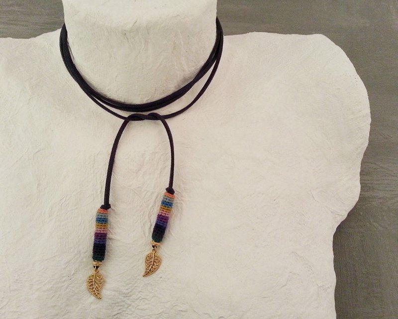 Indigo Wrap Choker Necklace with Gold Leaf Charm Ends - Necklaces - Faux Leather Purple