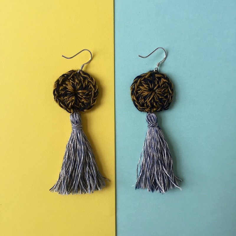 Handmade tassel earrings  |  denim x mustard  |  Crochet circle - Earrings & Clip-ons - Cotton & Hemp Blue