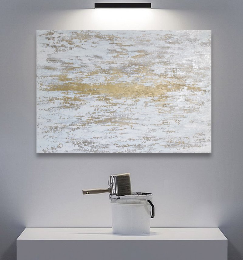 White Abstract Wall Art Golg Original Painting Large Textures Acylic Painting - 海報/掛畫/掛布 - 其他材質 金色