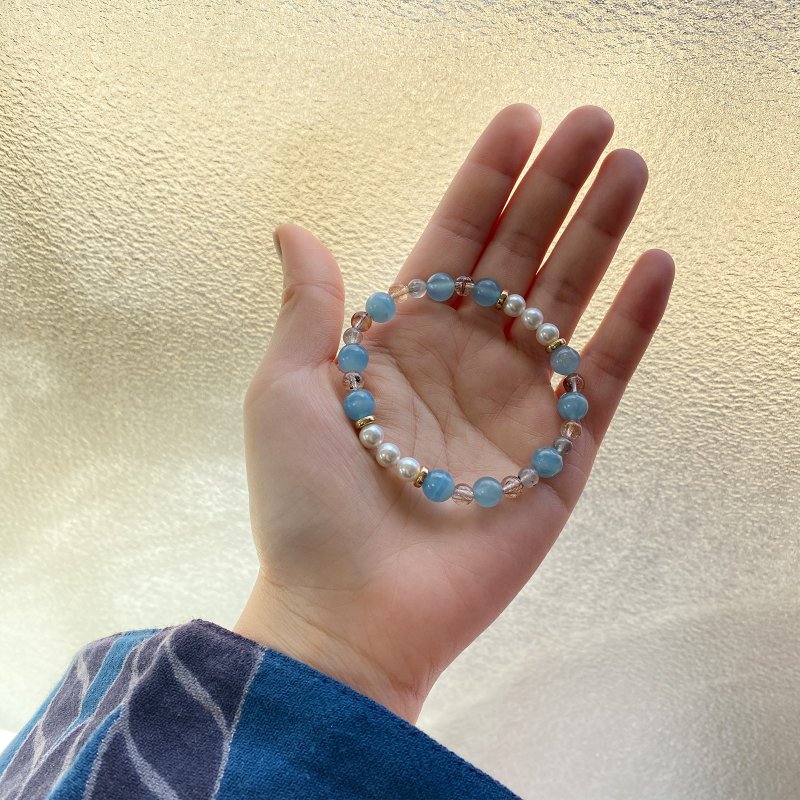 Blue fluorite Stone business fortune natural crystal Japanese handmade gift energy Stone bracelet - สร้อยข้อมือ - คริสตัล สีน้ำเงิน