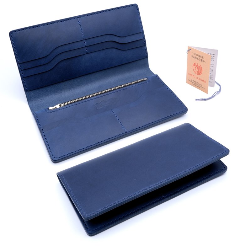 真皮 長短皮夾/錢包 藍色 - Bi-fold long wallet with coin purse Navy Himeji leather genuine leather
