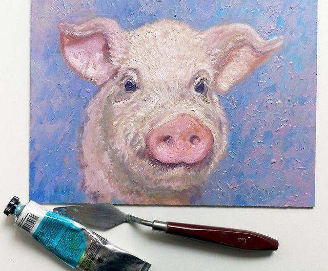 豚の絵、農家アート、油絵、オリジナルアート、動物画、FarmWallArt 