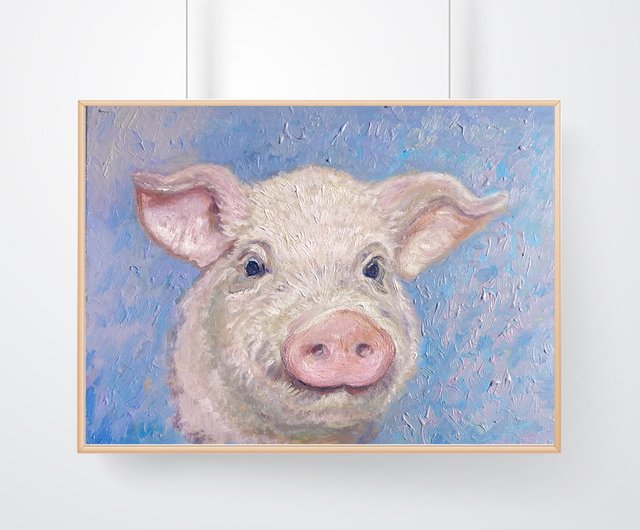 豚の絵、農家アート、油絵、オリジナルアート、動物画、FarmWallArt 