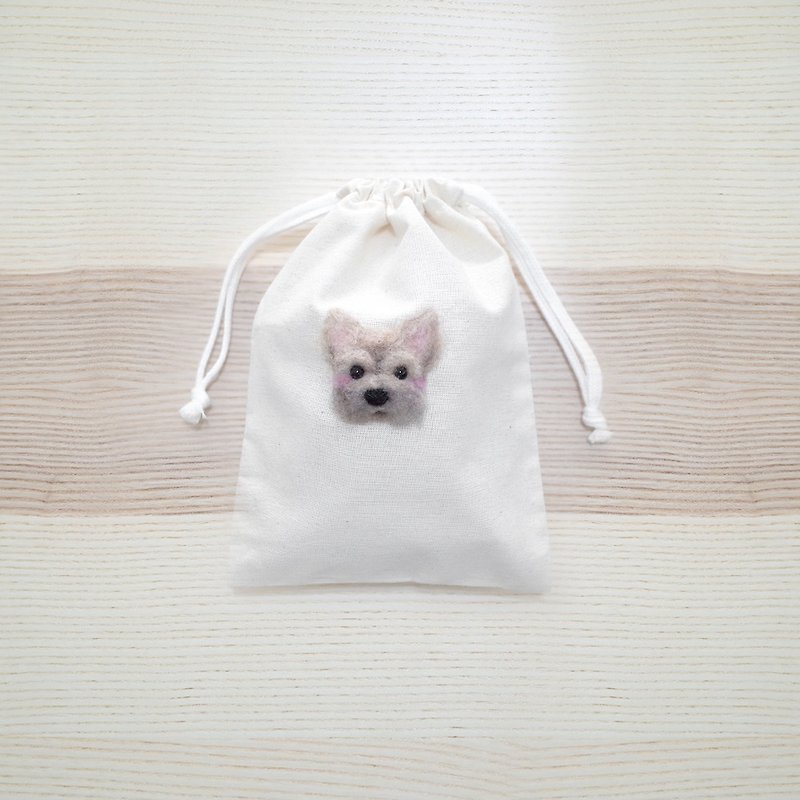 【Q-cute】小束口袋系列-狗狗頭客製 - 化妝包/收納袋 - 棉．麻 白色
