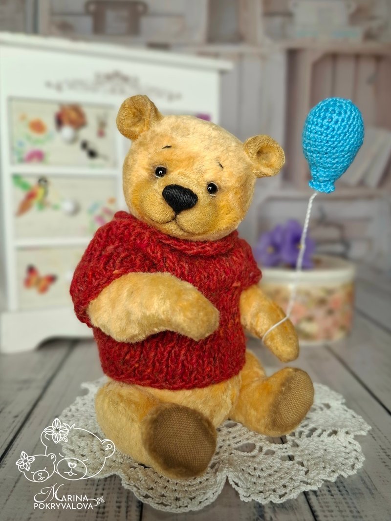 Winnie the Pooh. Teddy bear. Handmade bear. Collectible toy. - ตุ๊กตา - วัสดุอื่นๆ สีเหลือง