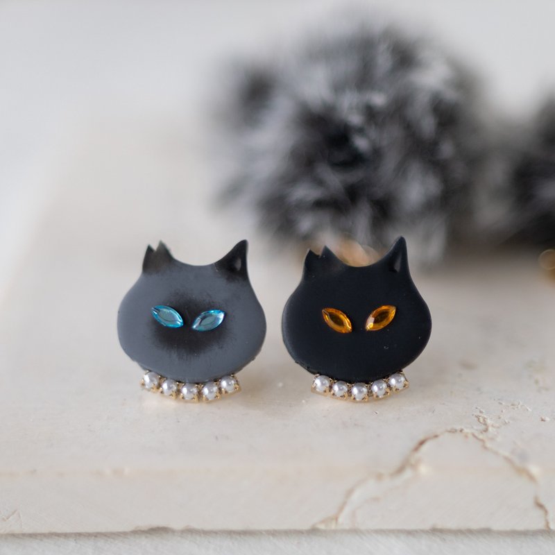 Sakura Ear Community Cat and Pom-Pom Earrings / Black - Earrings & Clip-ons - Plastic Black