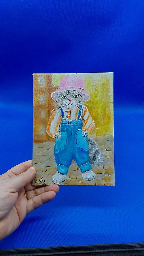 CosinessArt Funny Cat #1 Pet Painting Small Picture Funny Animals Original Wall Painting