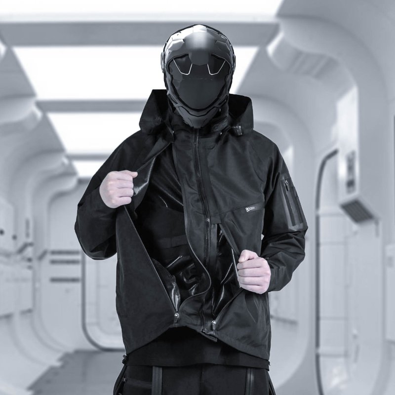 防水壓膠機能沖鋒衣 工裝休閒戰術服 外套連帽夾克 - 男夾克/外套 - 聚酯纖維 黑色
