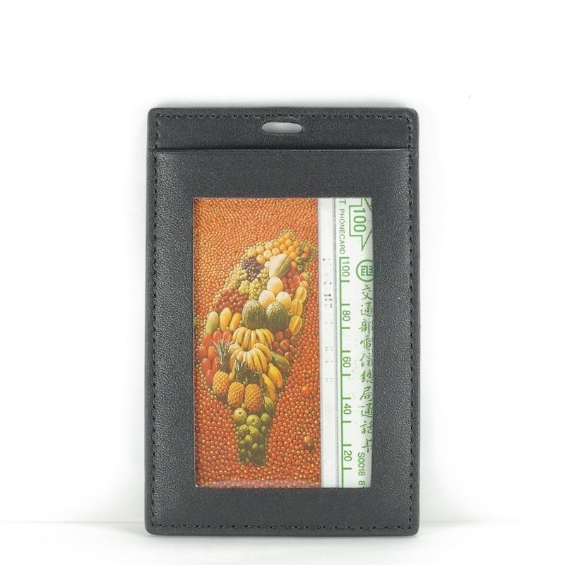Classic vegetable tanned straight double-layer ID card holder card holder leather black paid custom lettering - ที่ใส่บัตรคล้องคอ - หนังแท้ สีดำ