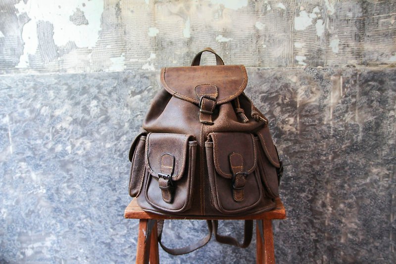 袅袅 department store -Vintage cowhide brown color backpack retro - Backpacks - Genuine Leather 