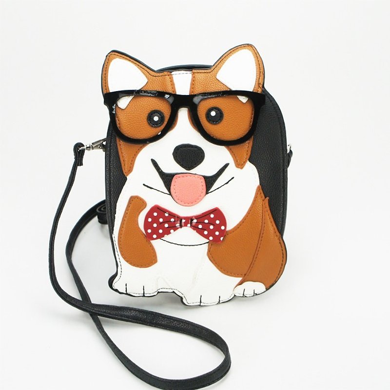 Sleepyville Critters酷樂村 美國設計-戴眼鏡與領結的柯基犬童趣斜揹動物包 86835UB 現貨販售 - 側背包/斜背包 - 真皮 咖啡色