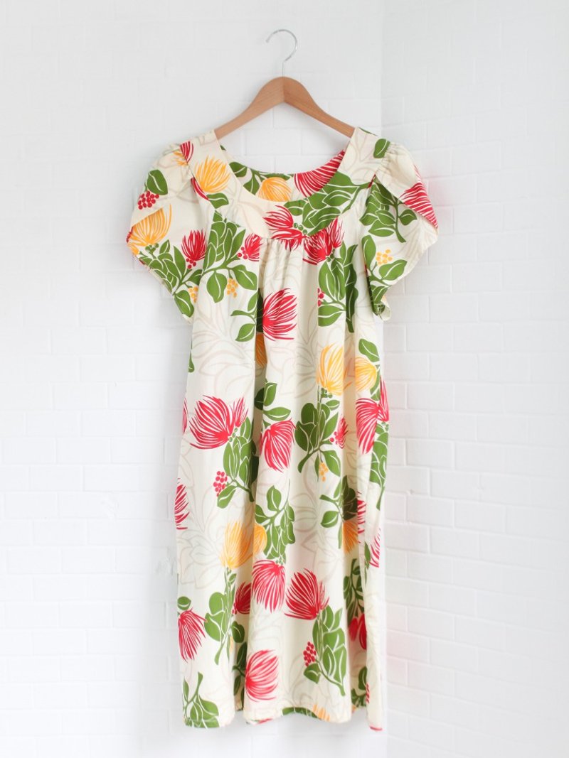 Retro Summer USA USA Hawaii Made Cute Printed Flowers Cotton Short Sleeve Loose Vintage Dress - ชุดเดรส - ผ้าฝ้าย/ผ้าลินิน สีเหลือง