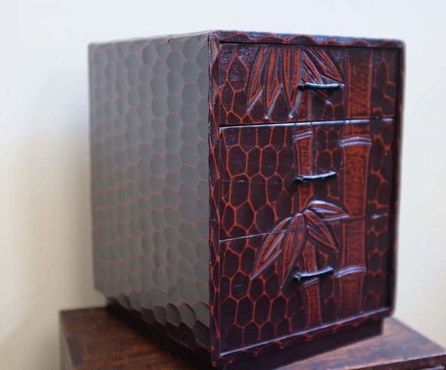 【未使用】ヴィンテージ　木製彫刻模様3段チェスト 未使用】ヴィンテージ 木製彫刻模様3段チェスト 【公式通販】