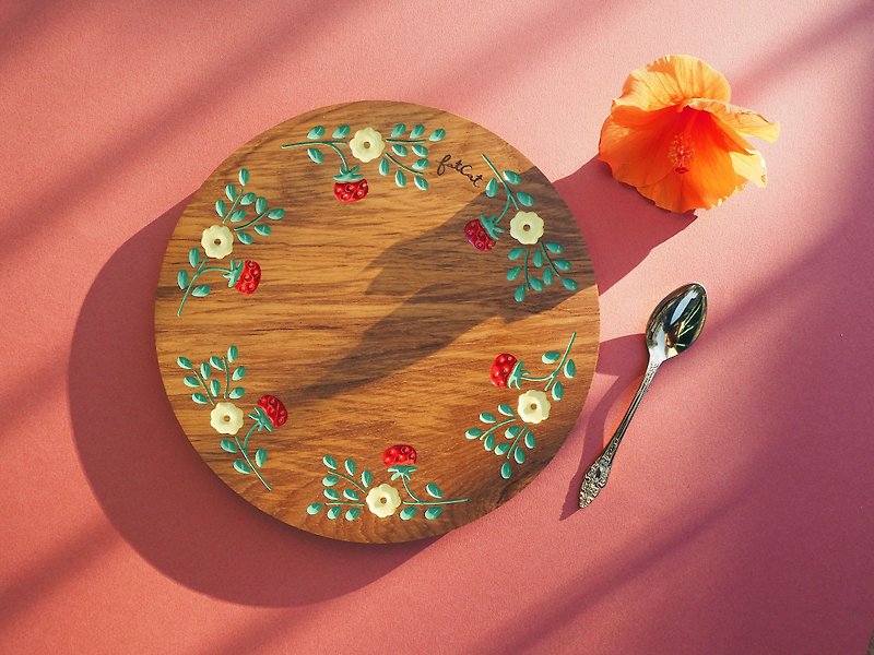 Strawberry Party Teak Plate (Pastel Yellow and Red) - Small Plates & Saucers - Wood Brown