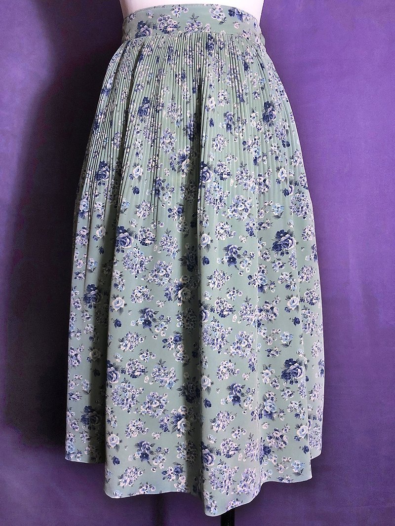 Lake water green flower vintage dress / brought back to VINTAGE abroad - Skirts - Polyester Green