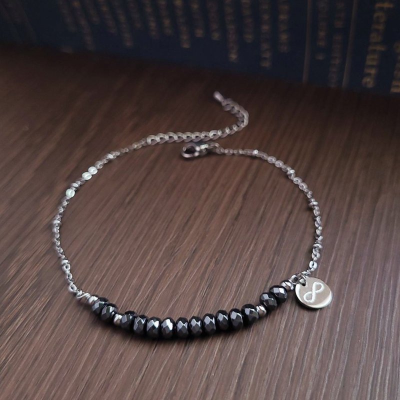 Prelude to the night. Black Stone(hematite) hand-made white steel anklet is not afraid of water and does not change color - กำไลข้อเท้า - สแตนเลส สีดำ