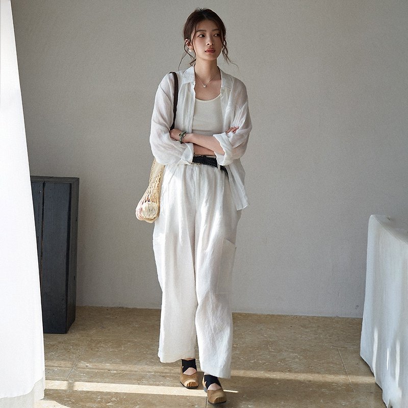 White linen straight pants|Pants|Summer style|Sora-1503 - กางเกงขายาว - ผ้าฝ้าย/ผ้าลินิน ขาว