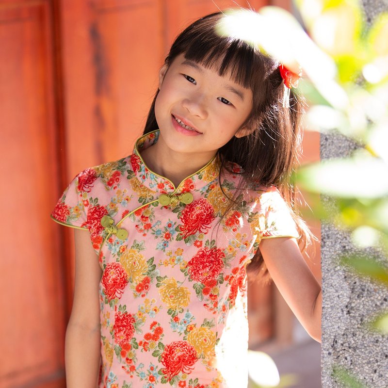 Children's cheongsam ancient style four seasons spring picking dew rose - Qipao - Cotton & Hemp Multicolor